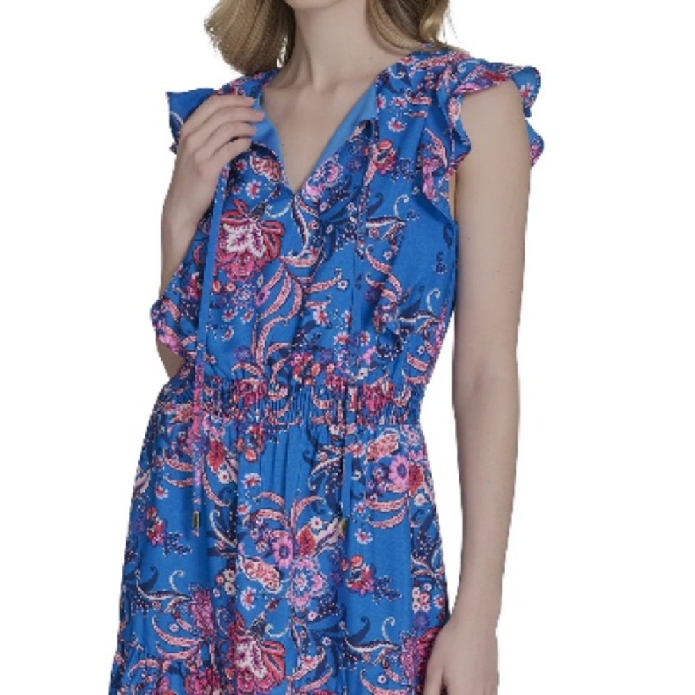 Blue Floral Ruffled Sleeve V-Neck Dress